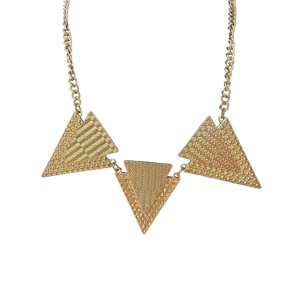 Gold Statement Necklace With Textured Triangle Pendants & Chainlink Closure